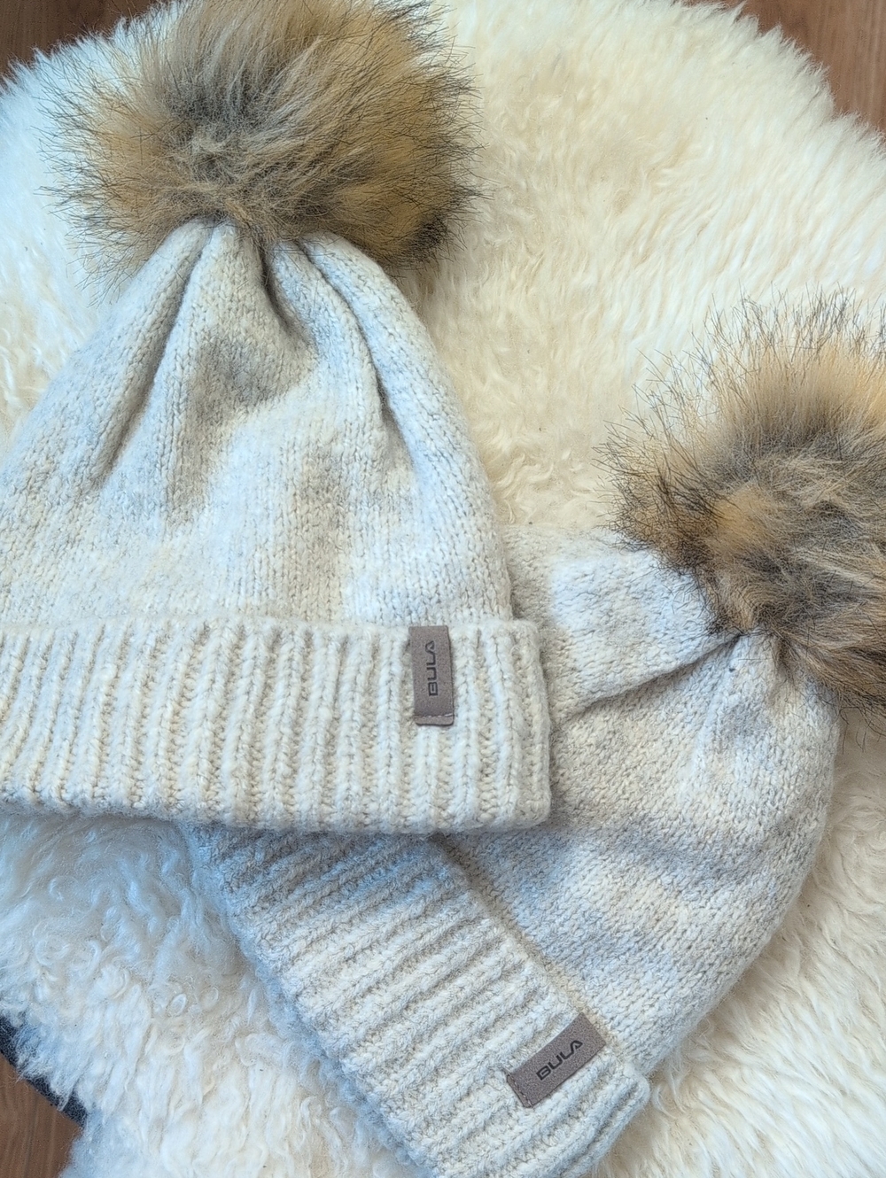 Bula Faux Fur Pom Pom Knit Beanie Cream One Size